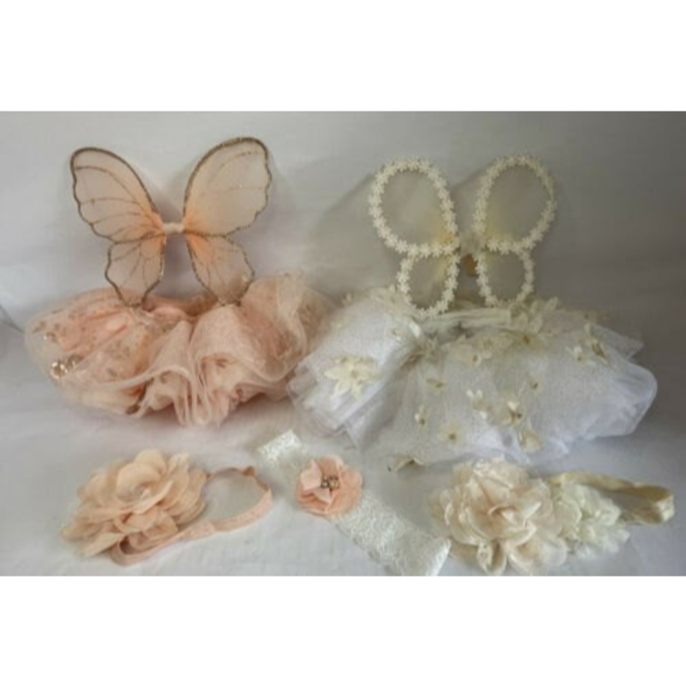 Elly & Emmy Baby Girl Tutu Set Lot Of 2 Sets Hairband Wings Pink White 0-12mo